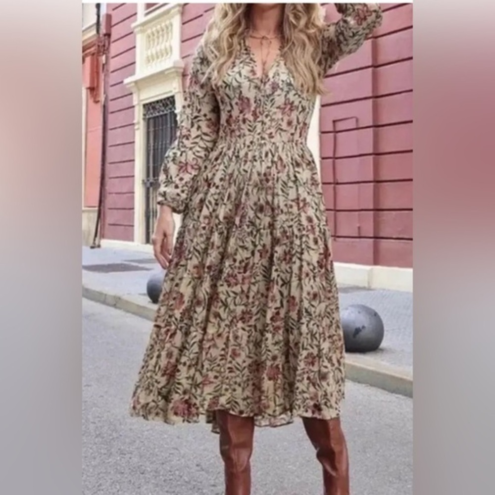 Zara Women's Tan Floral Boho Silky Cottagecore Peasant Dress GUC *FLAW* S #1676